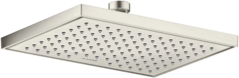 Kopfbrause aus Edelstahl mit gleichmäßig verteilten Wasserstrahldüsen, montiert an einer Decke. Das Produkt trägt die Marke AXOR.